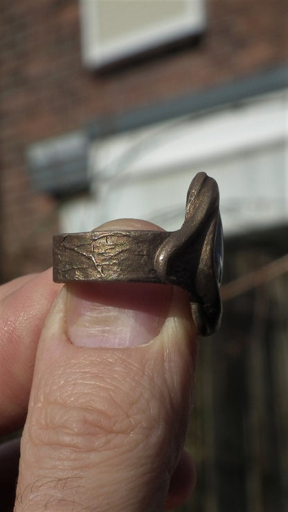 Handmade Bronze blue opal ring with handcut Australian Opal