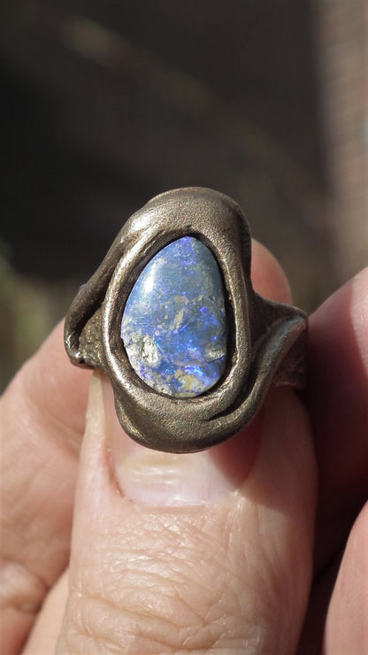 Handmade Bronze blue opal ring with handcut Australian Opal