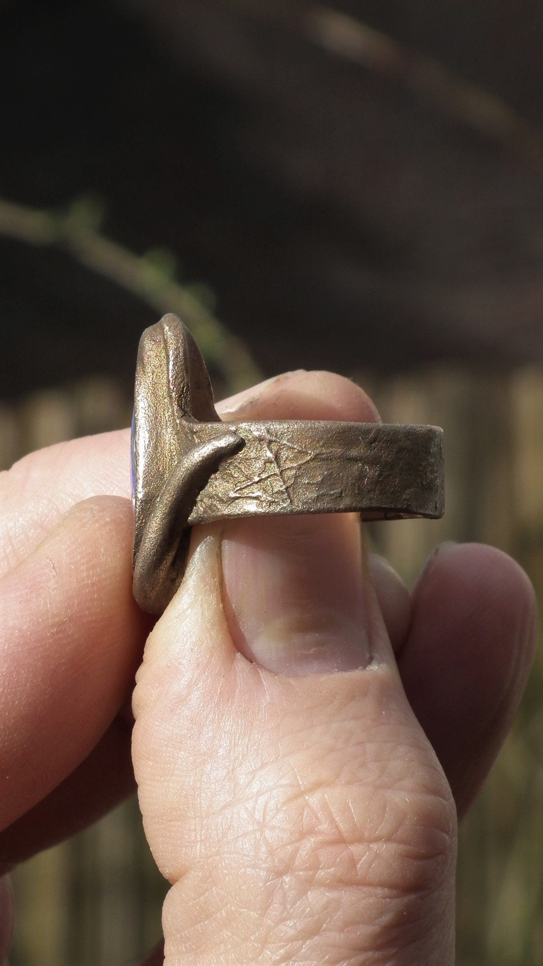 Handmade Bronze blue opal ring with handcut Australian Opal