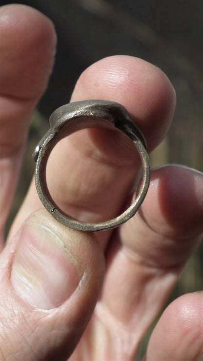 Handmade Bronze blue opal ring with handcut Australian Opal