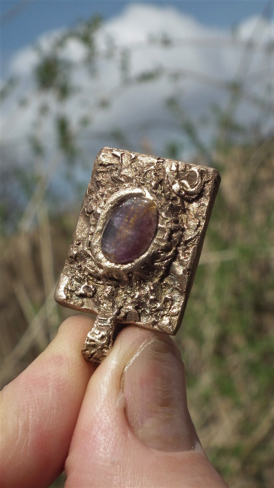 Handmade bronze Super 7 pendant, Amethyst cacoxenite, super 7 gemstone