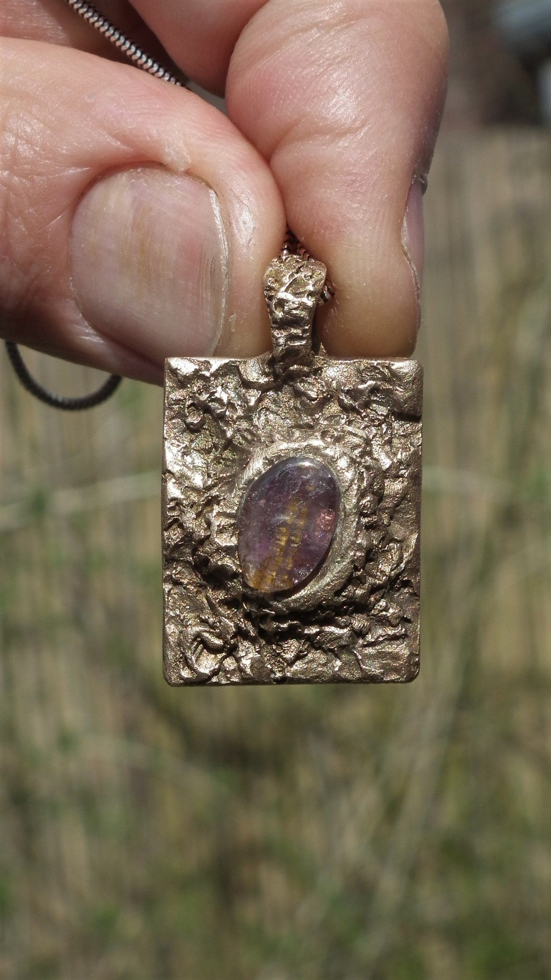 Handmade bronze Super 7 pendant, Amethyst cacoxenite, super 7 gemstone