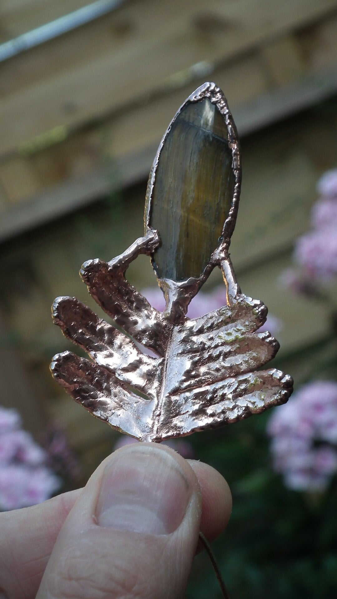 Electroformed Copper Fern pendant with Tigereye // Free copper chain