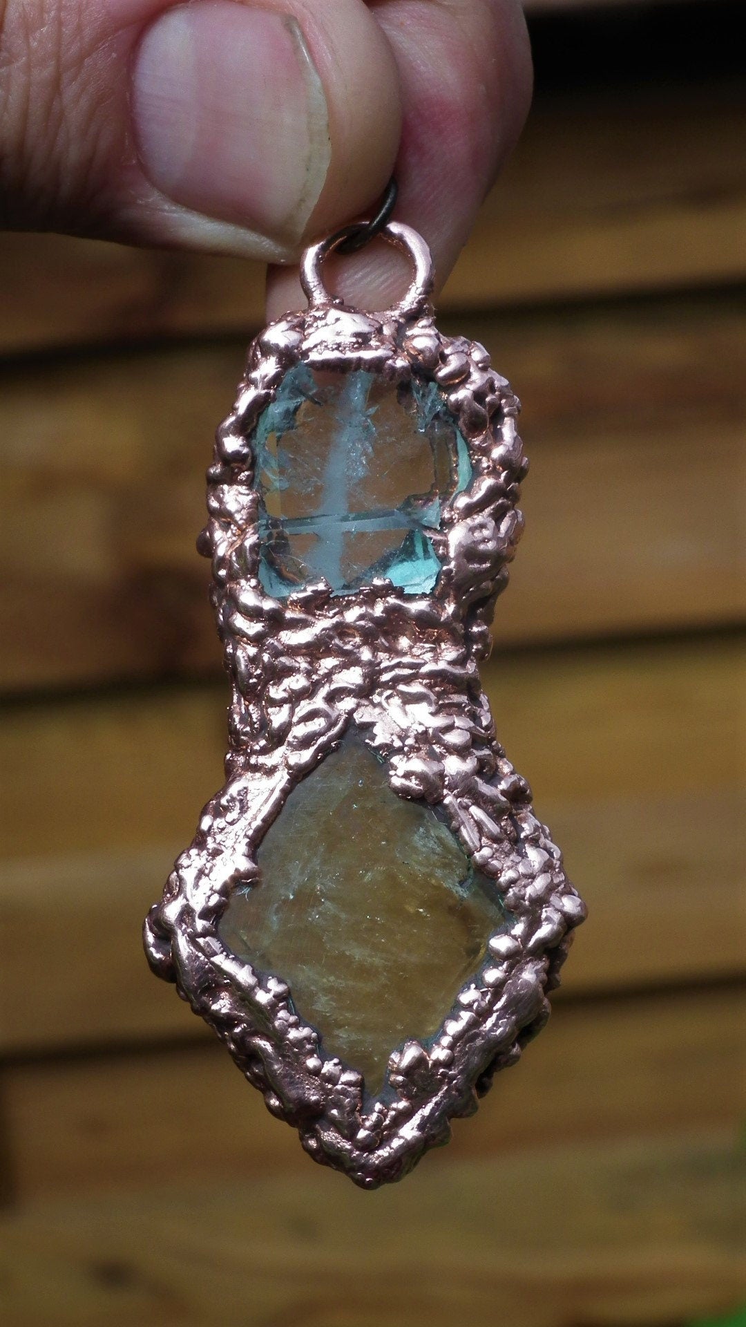 Copper faden Quartz and honey calcite pendant / Electroformed copper