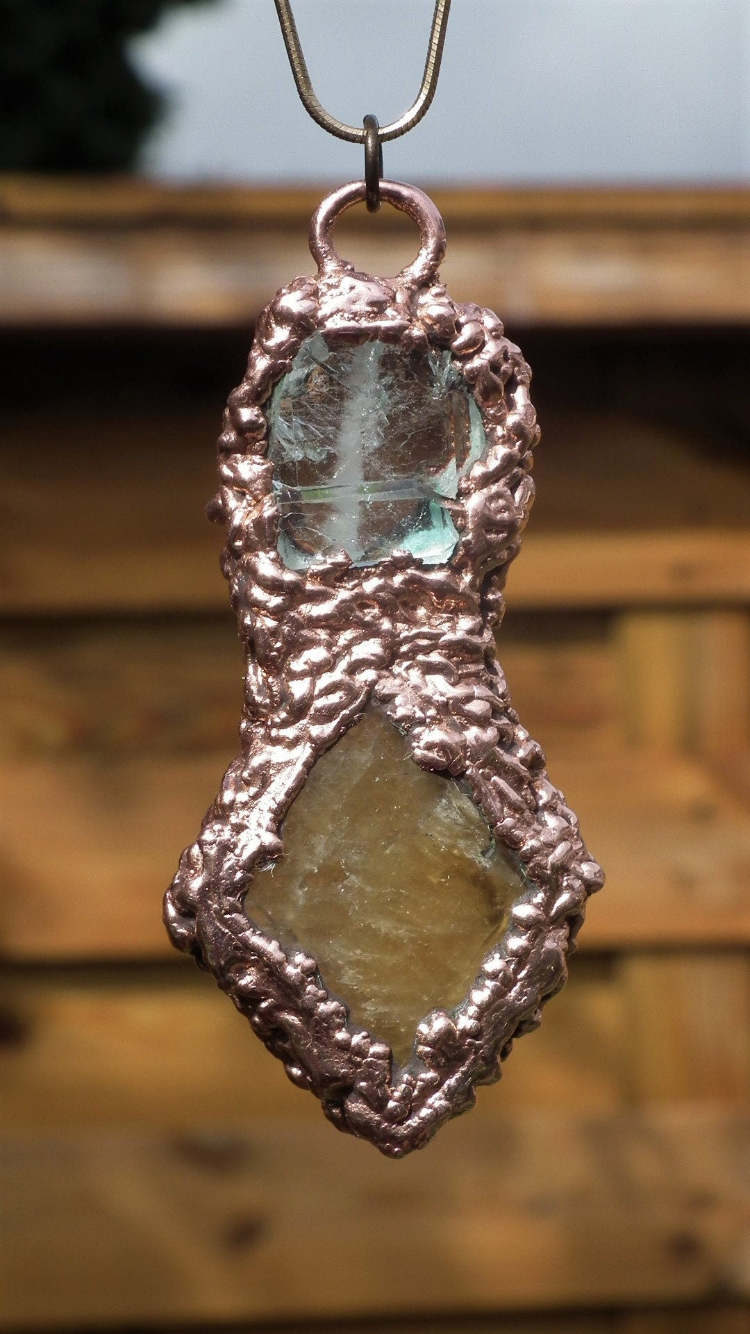 Copper faden Quartz and honey calcite pendant / Electroformed copper