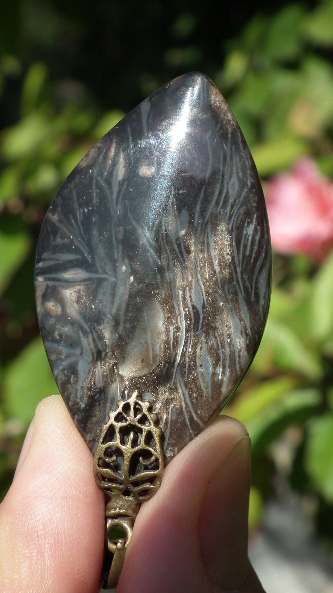 Feather Agate pendant with bronze bail