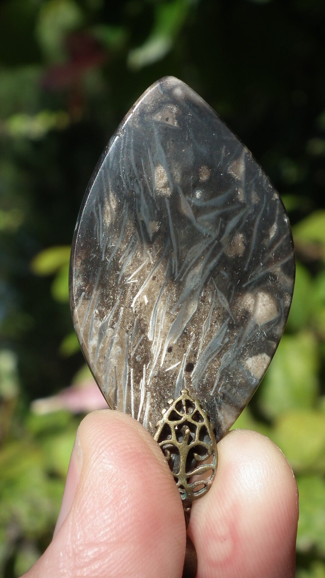 Feather Agate pendant with bronze bail