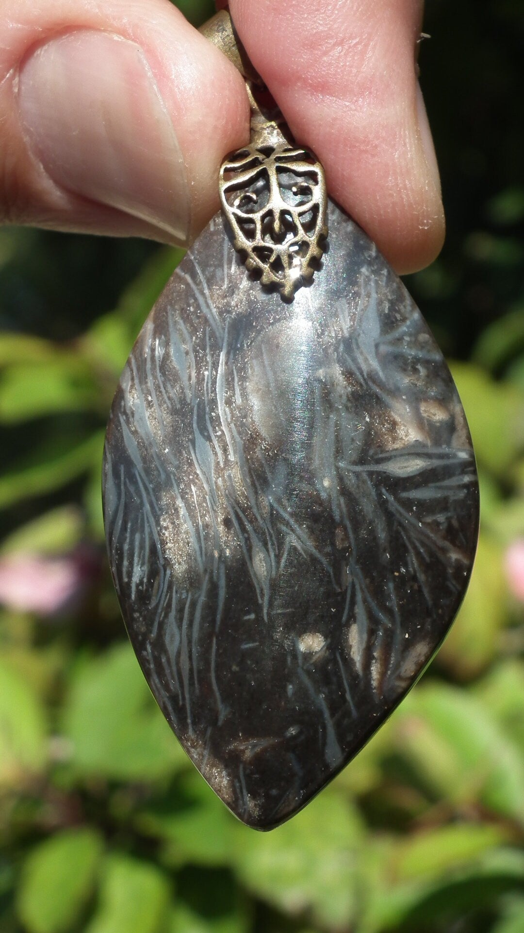 Feather Agate pendant with bronze bail