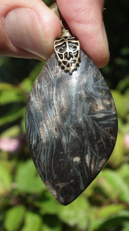 Feather Agate pendant with bronze bail
