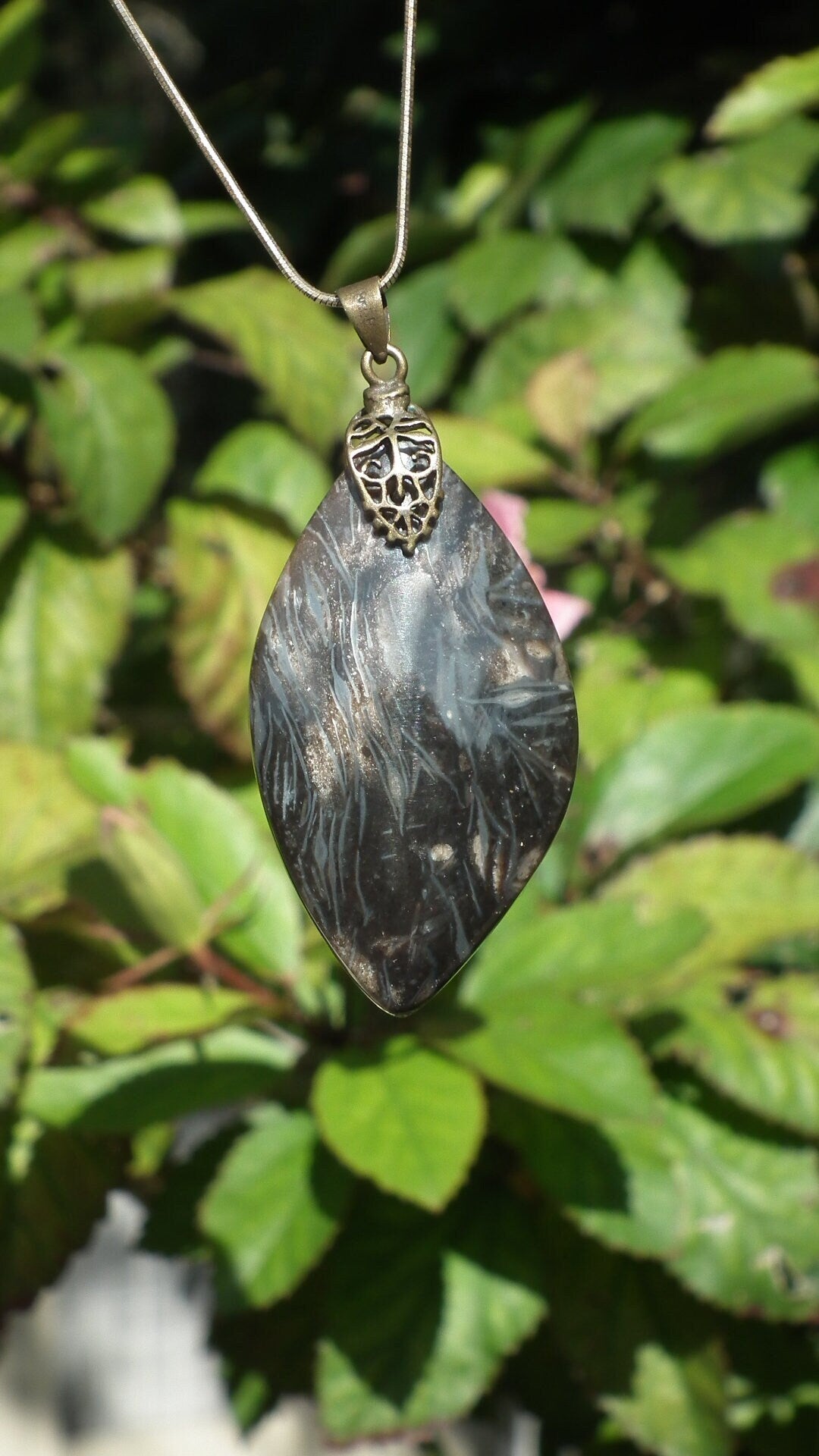 Feather Agate pendant with bronze bail