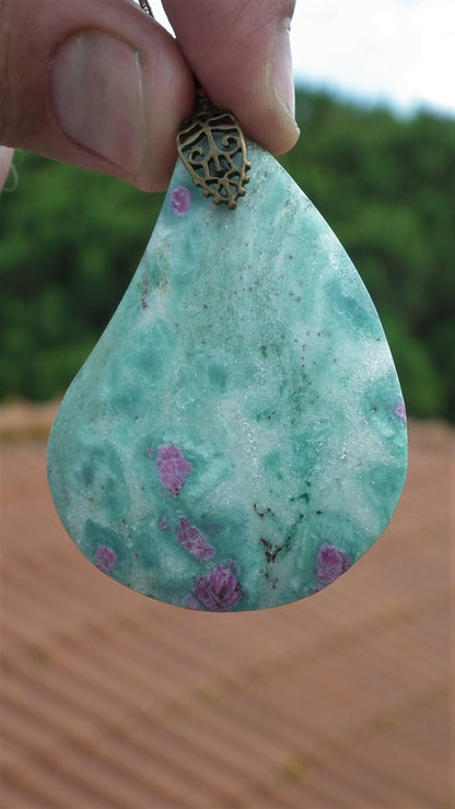 Ruby in fuchsite pendant with bronze bail