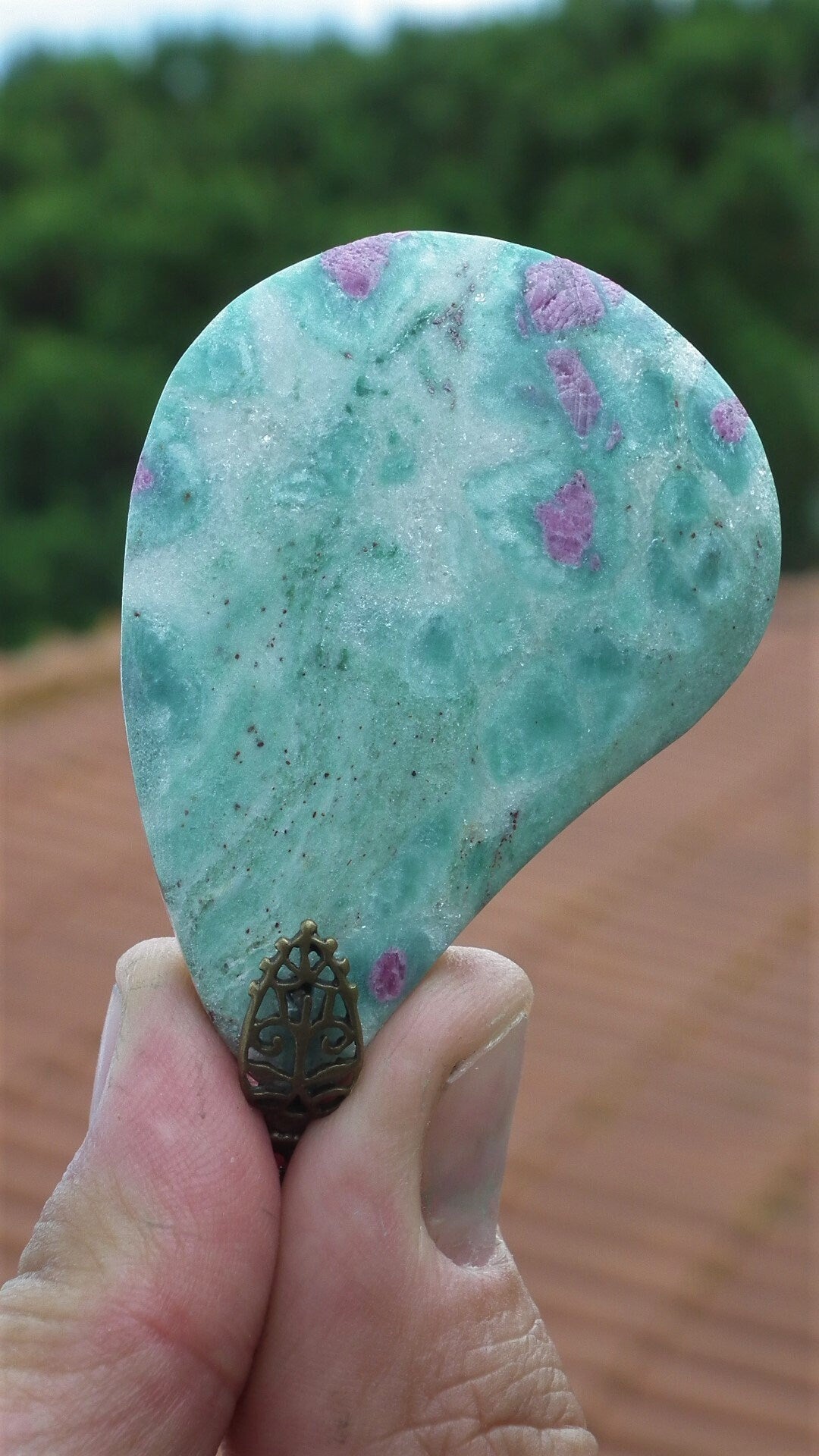 Ruby in fuchsite pendant with bronze bail