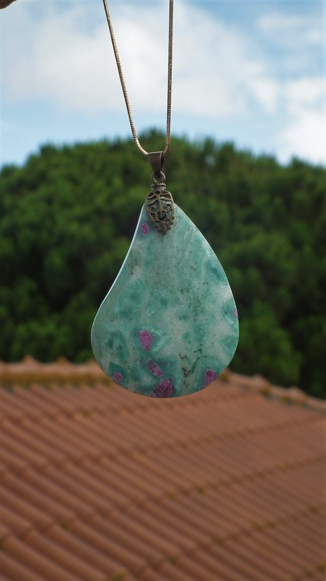 Ruby in fuchsite pendant with bronze bail