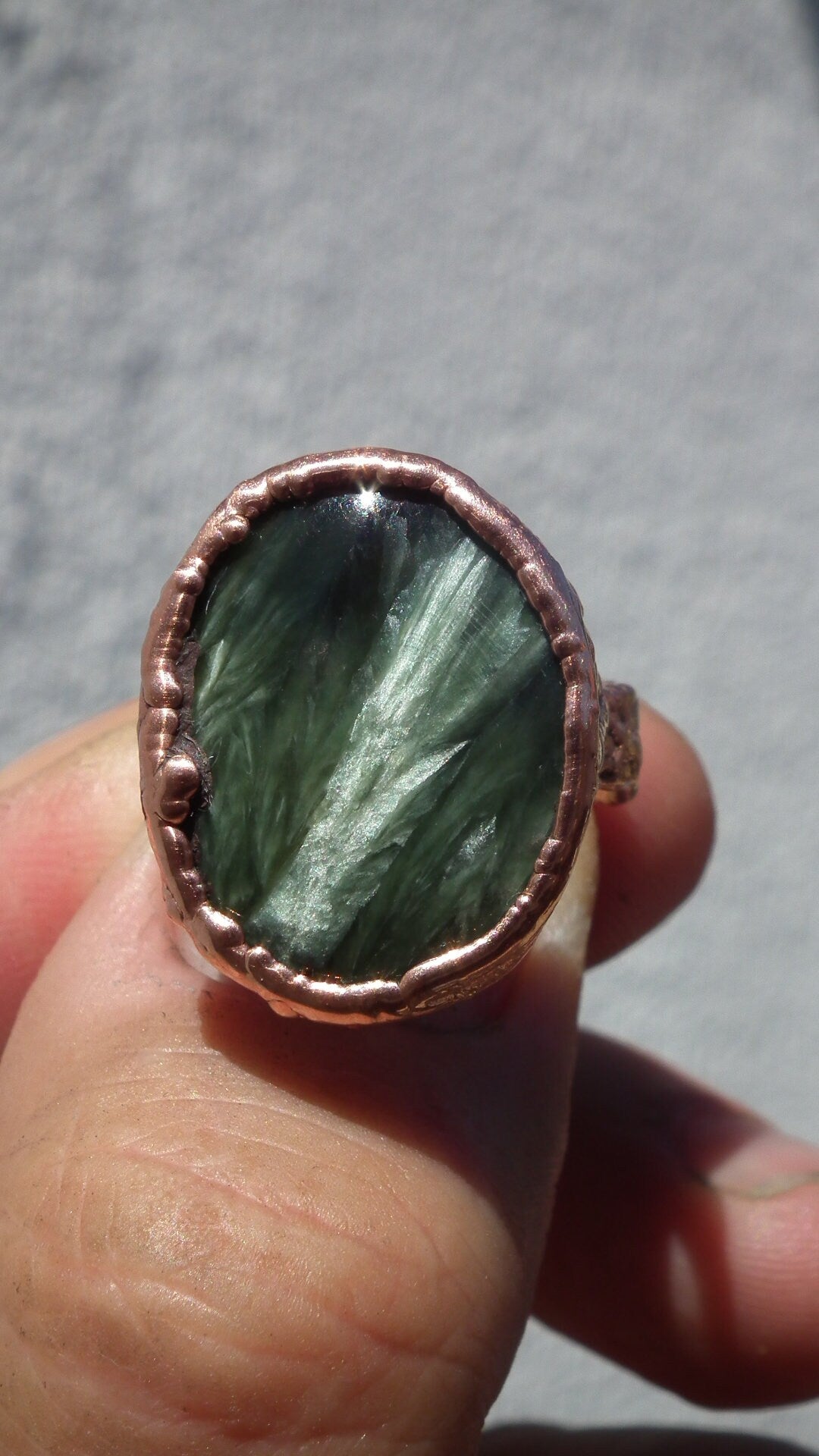 Electroformed Copper Seraphinite ring // Seraphinite jewelry