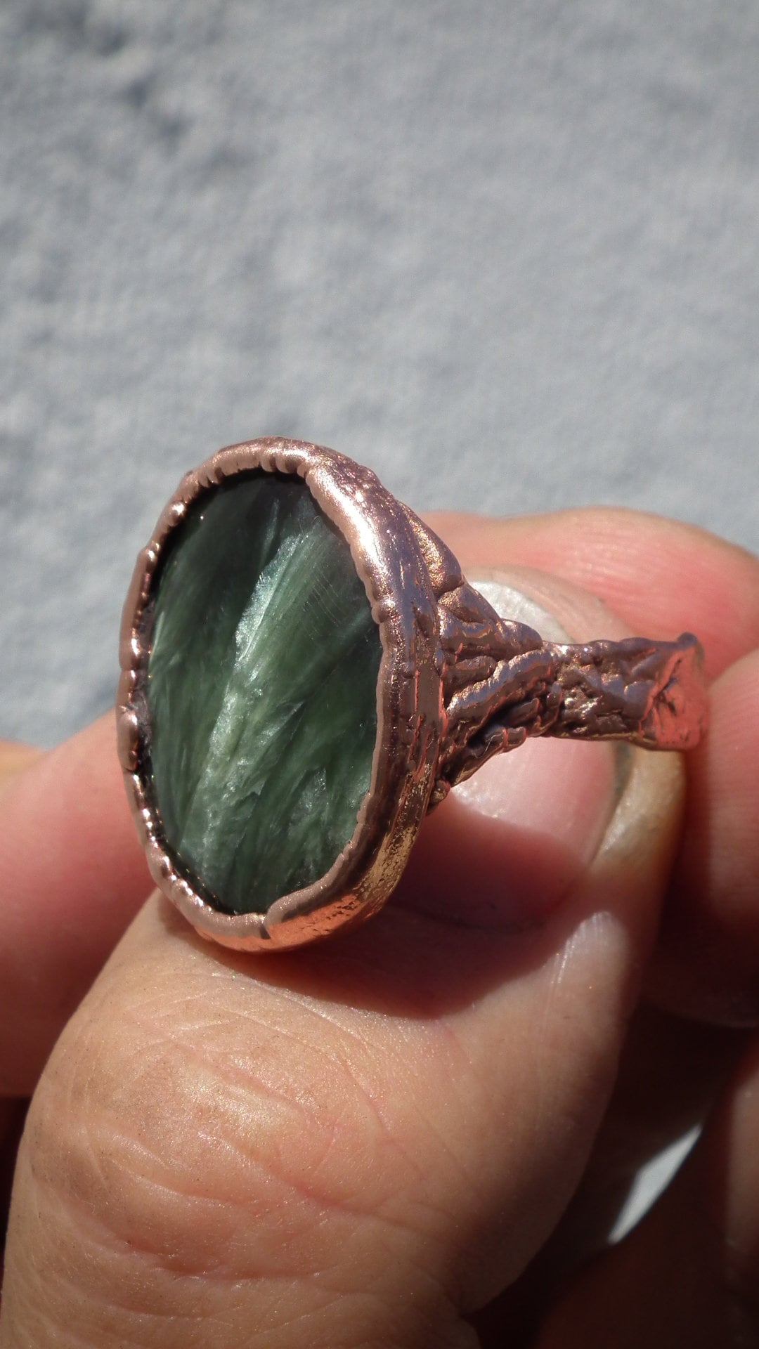 Electroformed Copper Seraphinite ring // Seraphinite jewelry