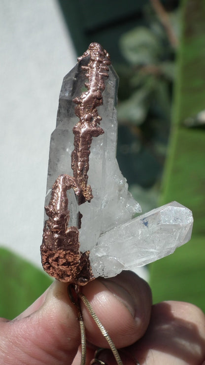 Electroformed copper Arkansas quartz necklace