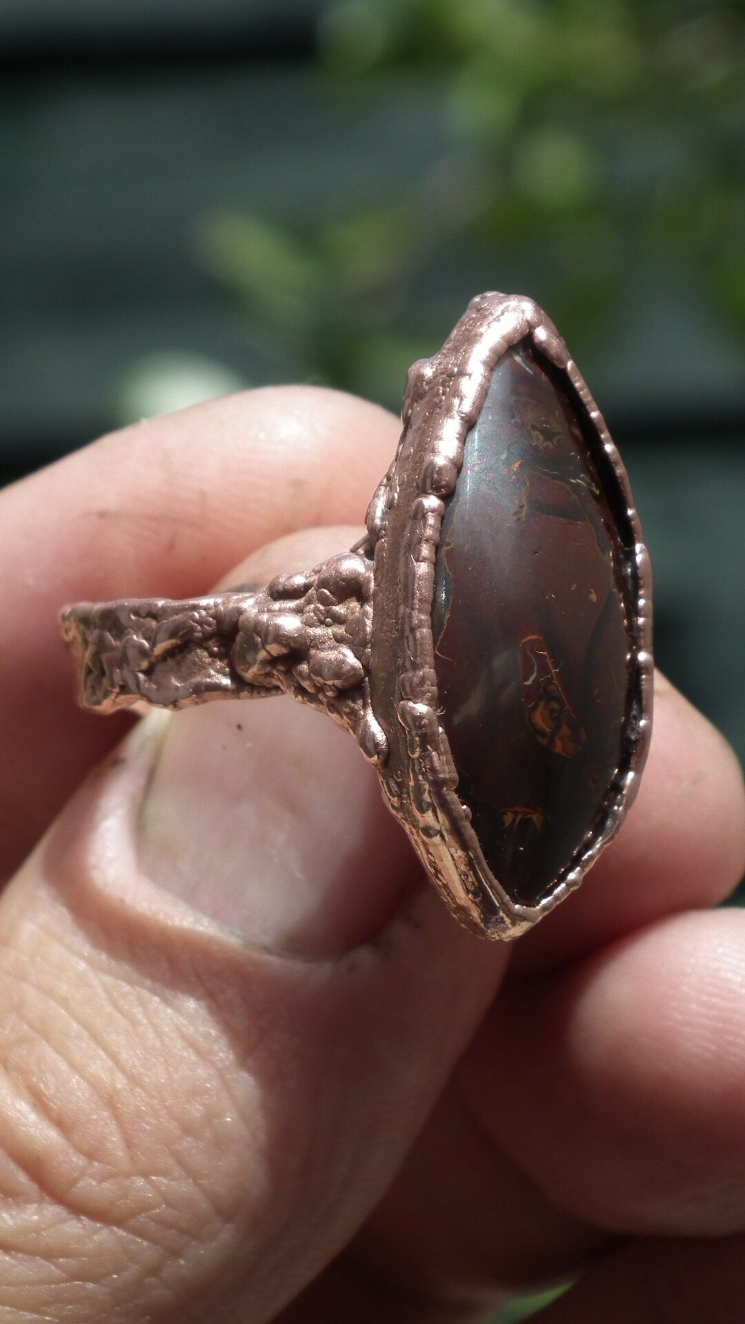 Electroformed copper koroit boulder opal ring