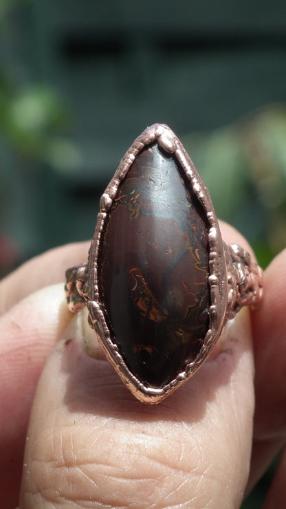 Electroformed copper koroit boulder opal ring