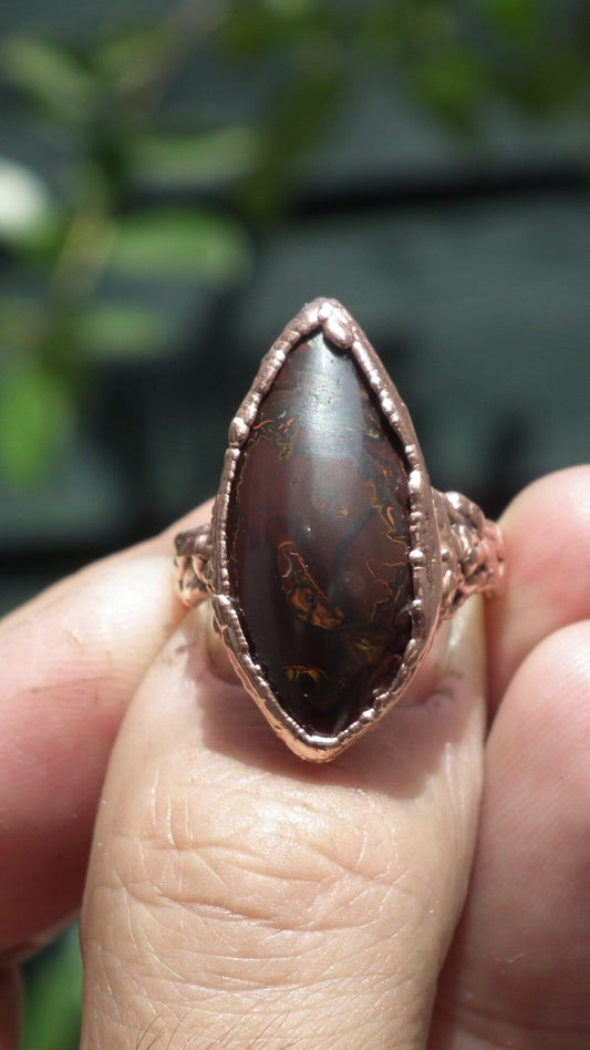 Electroformed copper koroit boulder opal ring