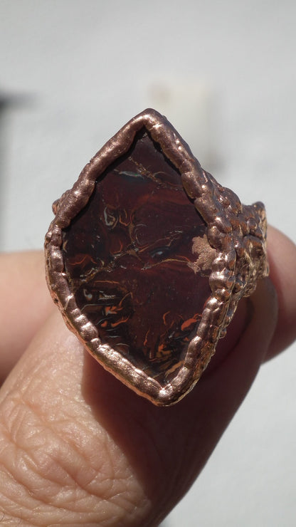 Electroformed copper koroit boulder opal ring