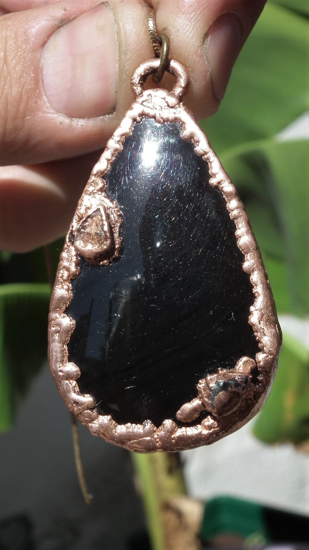 Copper Black obsidian necklace // Electroformed Copper // Free Copper Chain !