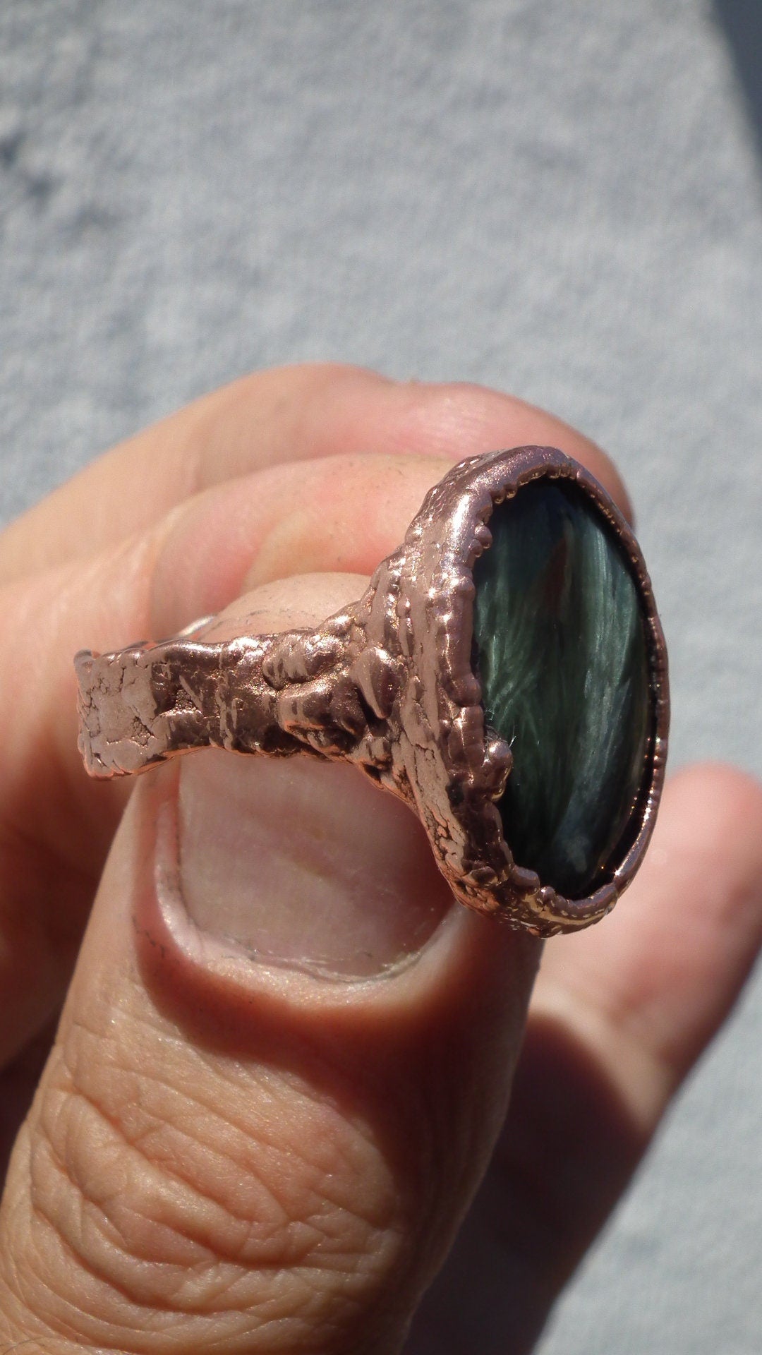 Electroformed Copper Seraphinite ring // Seraphinite jewelry