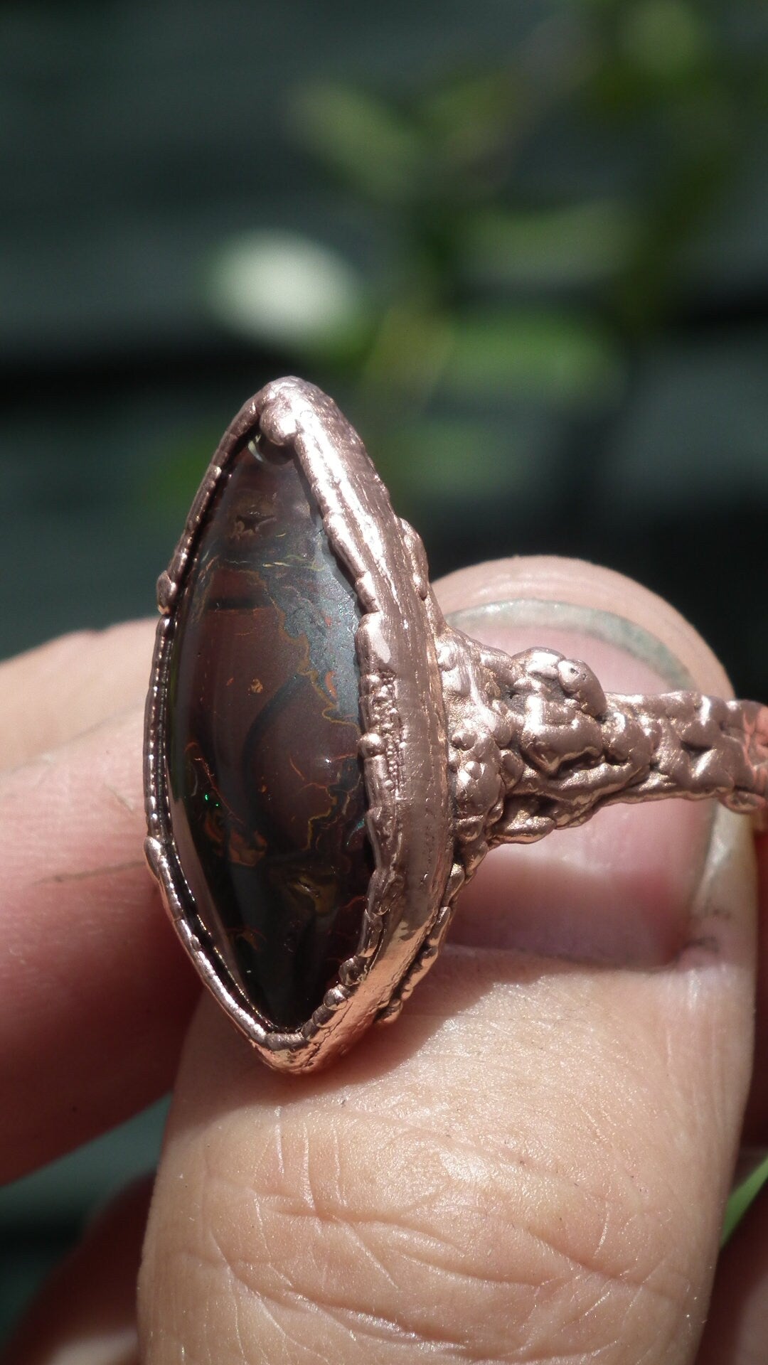 Electroformed copper koroit boulder opal ring