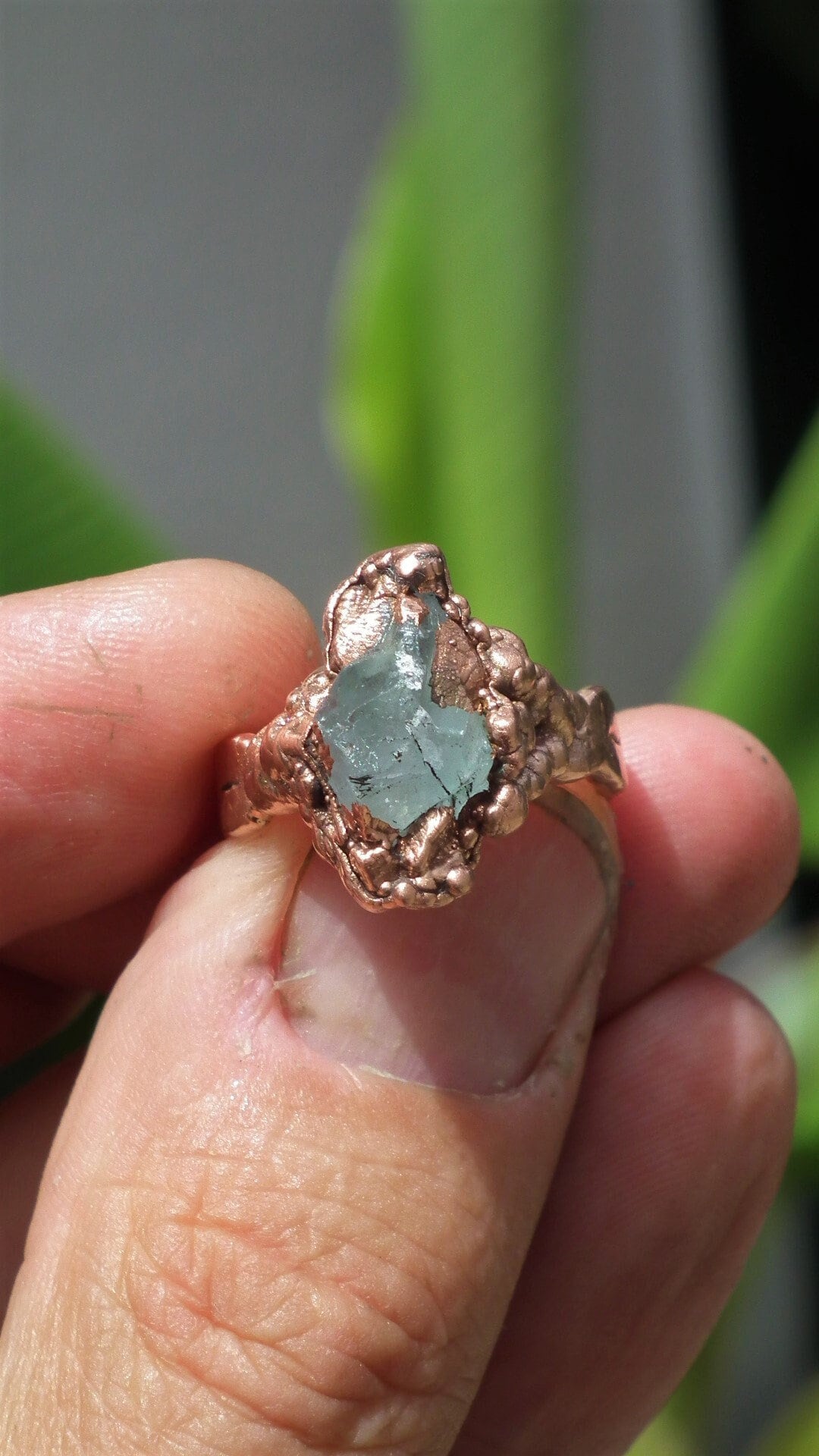 Electroformed  Copper celestite ring / rough celestite