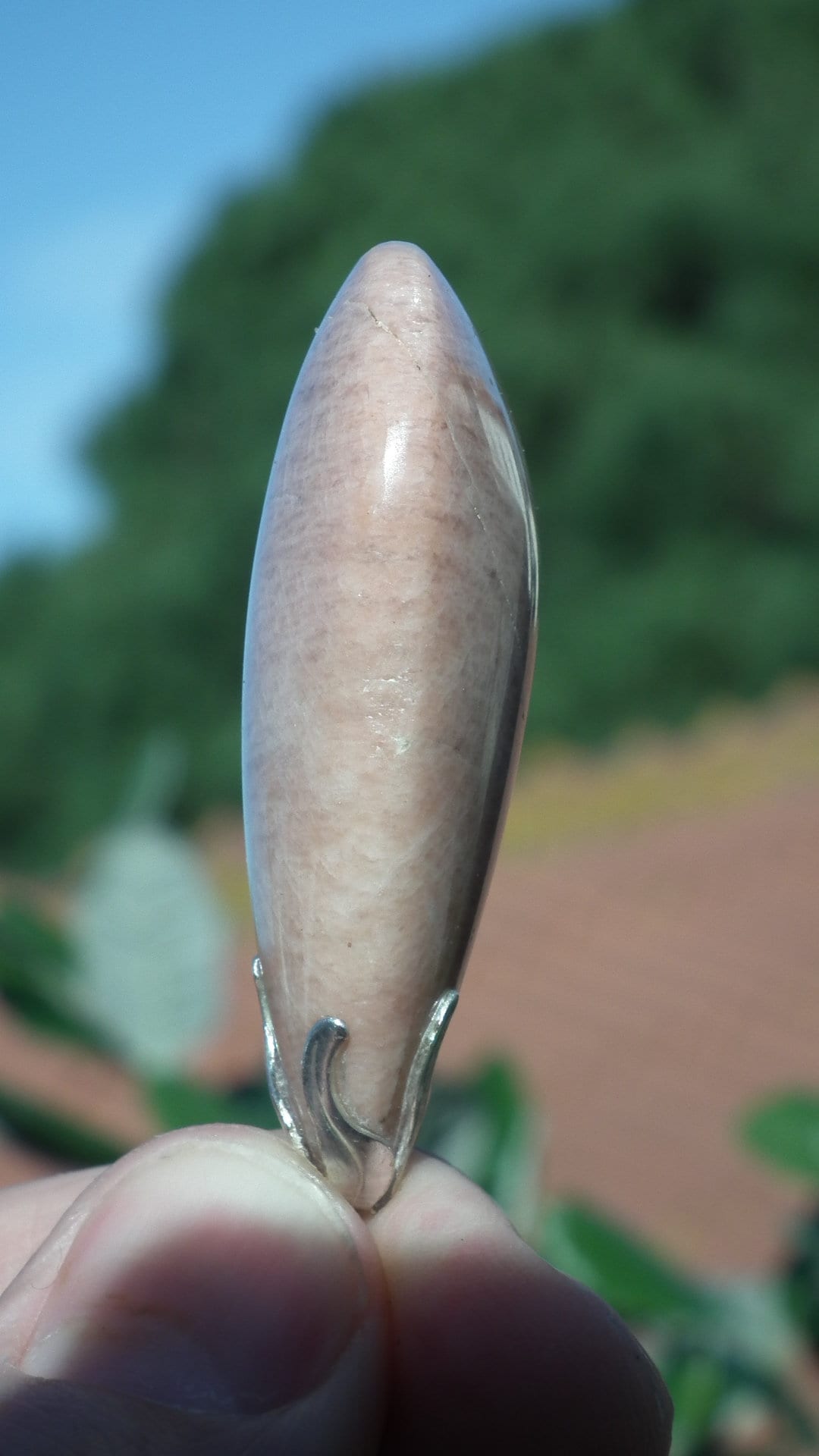Peach moonstone necklace with silverplated bail